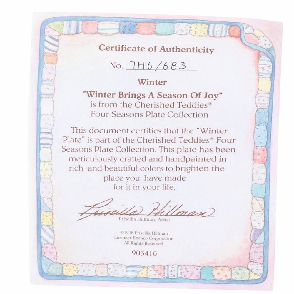 NEW Cherished Teddies Winter Plate w/ Box & Certificate - Picture 2 of 3